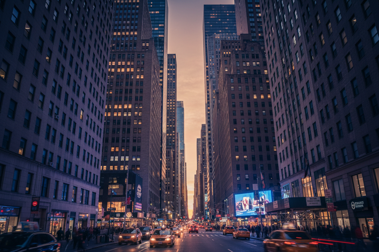 New york katu, Pilvenpiirtäjiä, hämärä, kaupungin valot,